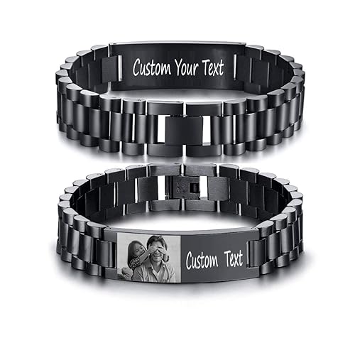 Custom Mens Bracelet Personalized Watch Band Engraved Name Bracelets for Men Customized ID Cuff Wristband Gift for Dad Husband - style: Black0-picture - 1.5cm