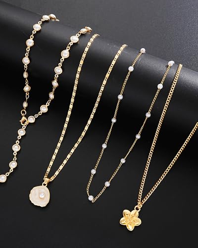 Layered Gold Flower Shell Pearl Necklaces for Women Long Pearl Y-Shaped Necklace Trendy Gold Flower Shell Pendant Necklace Dainty Pearls Choker Summer Jewelry Accessories Gift - color: A1：gold
