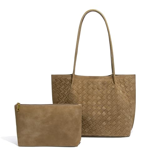 Women's Luxury Handmade Woven Tote Bag, Beach Bag Set, Elegant Age Reducing Travel Commuter Bag Set - color: Frosted Material 14# Khaki