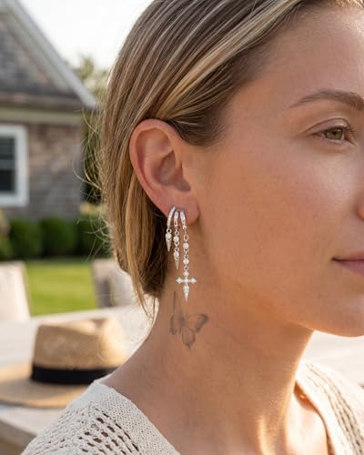 MUMREUES Gold Earrings for Women Trendy 14K Gold Plated Dangle Earrings Small Hoop Huggie Drop Stud Earrings Cubic Zirconia Simple Minimalist Dainty Chain Tassel Hypoallergenic Earrings - color: Cross & Silver
