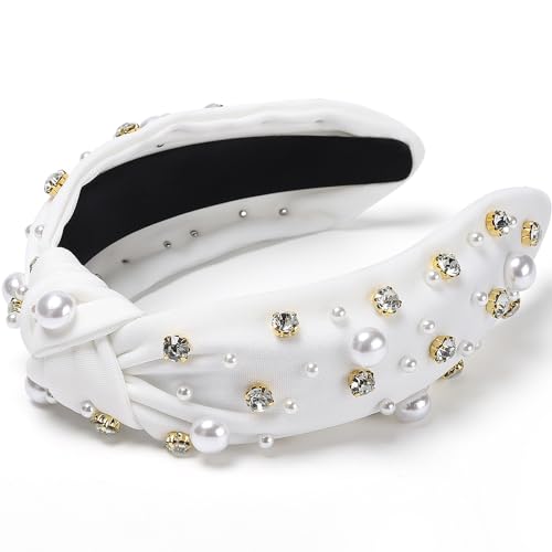 WantGor Pearl Knotted Headband, Women Rhinestone Embellished Hairband Elegant Wide Top Knot Bride Headbands Headpieces Party Fashion Elegant Ladies Hair Band Hair Hoop Accessories (White) - color: White