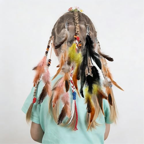 8Pcs Feather Hair Clips bohemian Hippie hair Extensions gypsy hair accessories Indian Tassel Feathers Beads for Festival Headwear Halloween Cosplay Carnival Party (Mix Colors)
