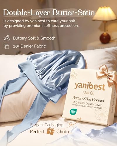 YANIBEST Adjustable Satin Bonnet for Sleeping Women Double Layer Hair Wrap Reduce Friction Prevent Frizz Natural Curly Hair - color: Blue