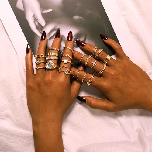 CHICUTIE Gold Knuckle Rings Set For Women Stackable Joint Finger Midi Rings Dainty Cubic Crystal Zirconia Hollow Twist Cute Pack Jewelry Gift - style: 23PCS GOLD