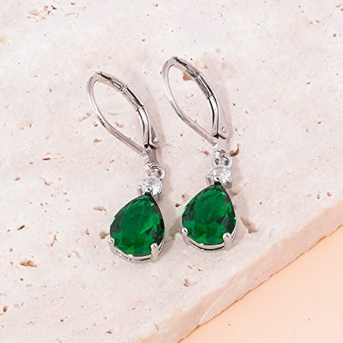CiNily Teardrop Leverback Dangle Earrings for Women Hypoallergenic 14K Gold Plated Cubic Zircon Drop Earrings Fashion Crystal Earrings for Girls Jewelry Christmas Gifts - color: Green CZ-White Gold