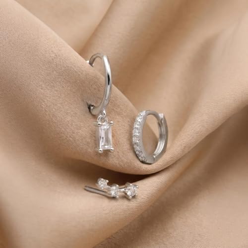Poxtex Small Sterling Silver Huggie Hoop Earrings Set for Women, Hypoallergenic 14K Gold Plated Hoops Stacks for Multiple Piercings, Dainty Cute Mini Lightweight Cartilage Studs Trendy Jewelry Gift - color: Silver-dangle climber