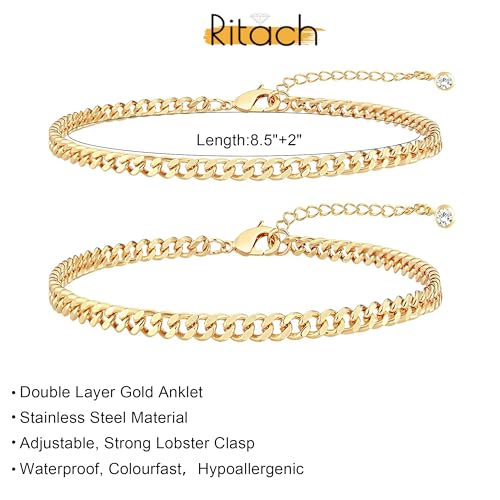 Ritach Ankle Bracelets for Women - Silver/Gold Plated Stainless Steel Anklets for Women Waterproof Layered Cuban Link Figaro Chain Heart Anklets Set Summer Beach Jewelry Gifts - color: Gold-Layered Cuban Chain