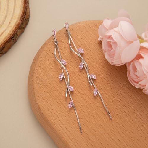 Temperament Long Zircon Tassel Earrings for Women Charm Jewelry Sparkling Crystal Leaves Twist Dangle Earrings for Friends - color: Silver-Pink Leaves