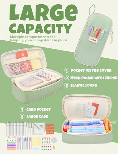 SUNEE Cute Pencil Case, Aesthetic Pen Pouch, Colored Large Pencil Bag with Zipper, Kawaii Stationery Storage and Organizer, School Supplies for Teen and Adult Girls, Green - color: Green