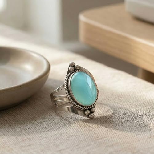Handmade 925 Sterling Silver Plated Ring Natural Gemstone Carnelian, Rose Quartz, Tiger Eye, Crystal Oval Boho Jewelry For Women - color: Aqua Chalcedony