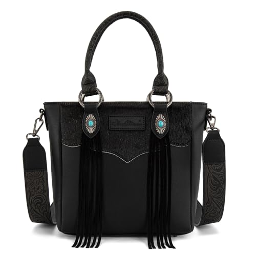 Montana West Western Cowhide Crossbody Bag for Women Designer Leather Tassel Top Handle Handbags - color: Black