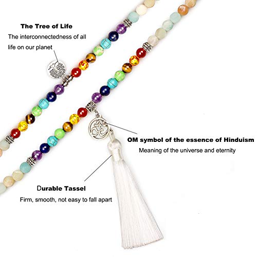 108 Mala Beads Necklace 7 Chakra Buddhist Prayer Beaded Bracelet Tree of Life Pendant Stone Yoga Necklace - color: Tassel-Amazonite