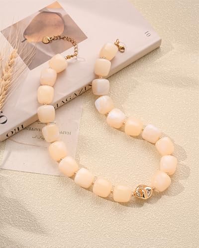 Chunky Beaded Statement Necklace for Women Trendy Colorful Boho Resin Bead Choker Necklaces Summer Handmade Jewelry Gifts Accessories - color: Beige-3