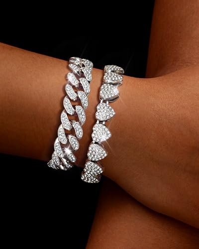 TEN MIRO Silver Plated Bracelets for Women,Silver Tennis Bracelets for Women Non Tarnish Heart Square Cuban Bracelet stack Layered Link Bracelet Set Fashion Jewelry for Women or Men