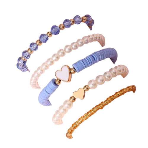 Caiyao Bohemia Multilayer Heart Imitation Pearl Beaded Stackable Bracelets Set Colorful Surfer Heishi Clay Gold Beads Stretch Bracelets for Women Men Summer Beach Boho Vacation Jewelry Gifts - color: Blue
