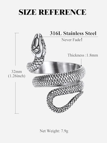 Stainless Steel/18K Gold Plated/Black Snake Ring for Men Women Size 7-12 Serpent Reptile Rings Punk Gothic Jewelry(with Gift Box) - color: 04-Steel-Personalized