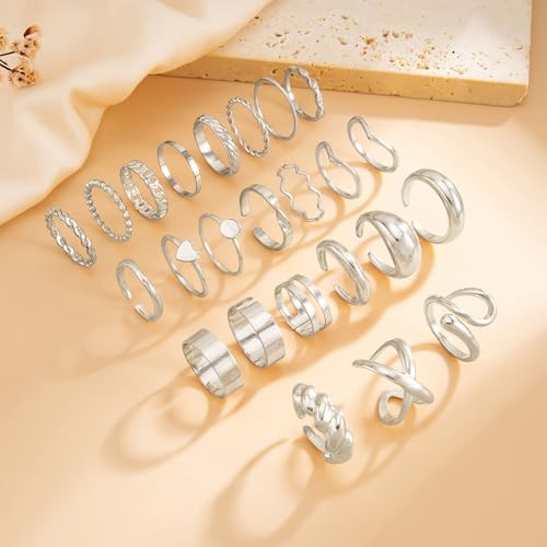 Gold Rings for Women Non Tarnish Stackable Rhinestone Moon Star Rings Dainty Stacking Pearl Butterfly Midi Pinky Thumb Joint Finger Knuckle Ring Set Gold Non Tarnish Jewelry Gifts Trendy Stuff - color: F Silver Stackable Rings 24Pcs