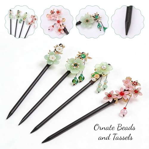 4Pcs Japanese Hair Pin,Chinese Retro Wooden Hair Stick Fork,7" Asian Hairs Accessories with Flower Bead Pendants Vintage Tassel for Long Thick Hairstyle Bun(Multi-colored)