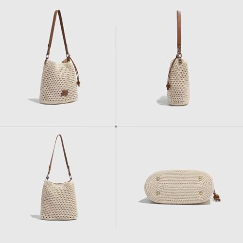 Cotton Fibre Crochet Beach Tote Bag for Vacation,Bohemian Cotton Hobo Shoulder Bag Casual Woven Purse for Women - color: Beige Shoulder Bag