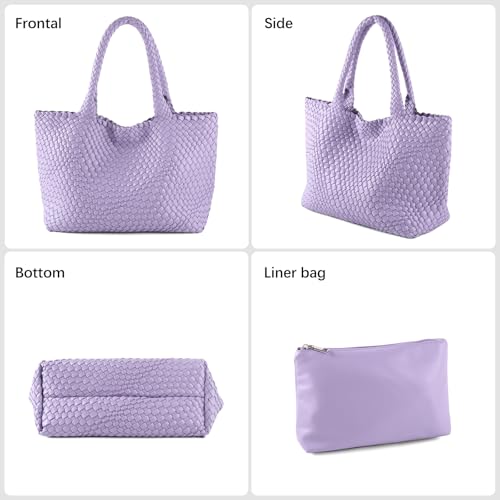 Woven Tote Bag Womens Purse Vegan Leather Shoulder Handbags Fashion Summer Beach Tote Bags Large Travel Totes - color: Purple
