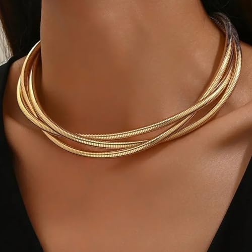 Chunky Gold Collar Choker Statement Necklace for Women Trendy | Gold Plated Layered Twist Flat Thick Snake Herringbone Chain African Torque Necklace Prom Boho Necklaces Party Jewelry Gift - style: 3 Twisted Chain/Gold