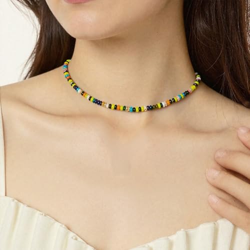 Beaded Gemstone Necklaces for Women Colorful Boho Choker Necklace Beauty And Spirit For Women (blue-silver) - color: mix-green