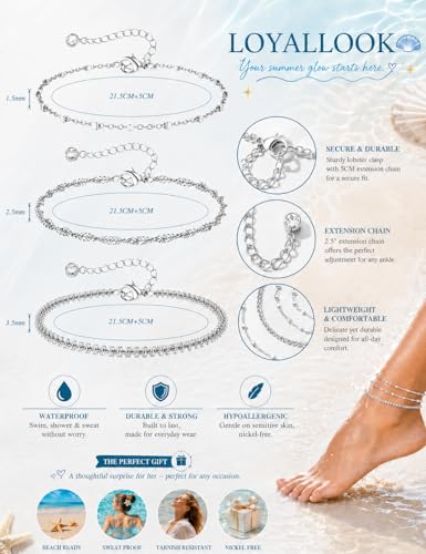 LOYALLOOK Ankle Bracelets for Women Waterproof, 14K Gold Plated Cuban Figaro Link Chain Beaded Anklets Set, Dainty Layered Anklets for Women Non Tarnish Summer Beach Foot Jewelry Adjustable Size - color: 3Pcs Anklets-Silver