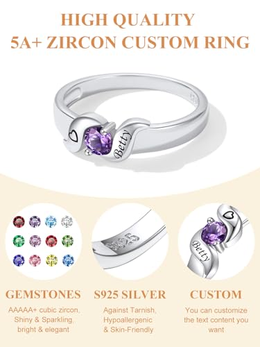 Custom4U Personalized Mothers Ring with 1-5 Birthstones Names Engraved 925 Sterling Silver/14K White Gold Plated Birthstone Rings for Women Promise Ring Birthday Jewelry Gifts for Mom Grandmother Wife - color: 1 Birthstone Ring (Engraved)