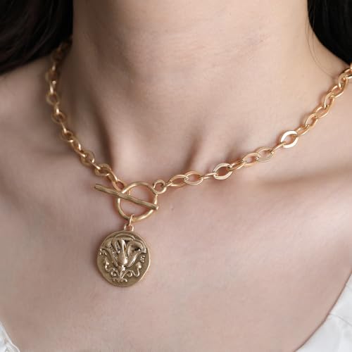 Chunky Gold Coin Necklace for Women Silver and Gold Chain Pendant Necklaces 18 Inch Antique Toggle Thick Link Fashion Jewelry Gift for Women - style: Worn Gold-F