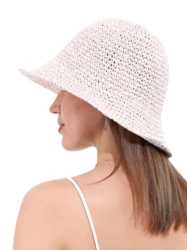 Womens Sun Hat Handmade Crochet Straw Bucket for Summer Foldable Travel Cap - color: Beige & Pink