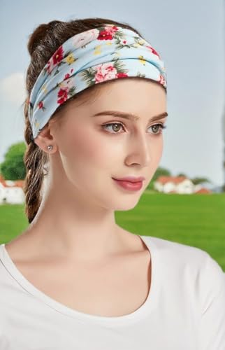 Boho Headband Fashion Wide Headband Knoted Turban Yoga Workout Head Bands Hair Accessories For Women (flower2, Pack of 2) - color: flower2, size: 1 Count (Pack of 2)