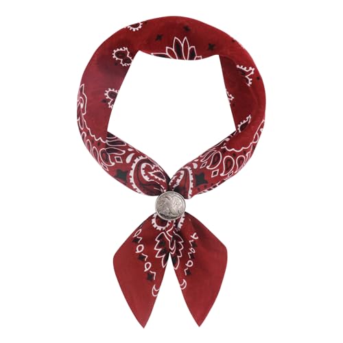 Western Bandana Scarf With Vintage Coin Buckle, Paisley Pattern Neck Scarf for Men Pocket Square Cowboy Scarves - color: Wine Red
