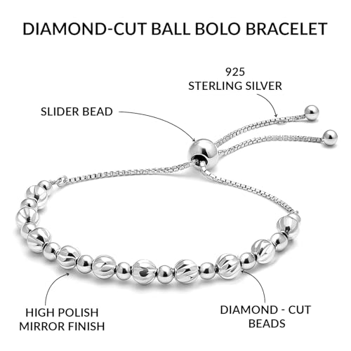 LeCalla Pure 925 Sterling Silver Italian Paperclip Link Chain Bracelets | Gold Over Silver Paper-Clip Link Station Bracelet | Sliding Bolo Bracelet for Women - color: Bead Ball Diamond-Cut