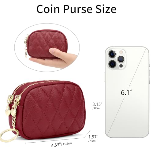SENDEFN Women's Coin Purse Genuine Leather Wallet Small 2 Zippers Change Pouch Purse with Keychain Ring - color: 2-Red