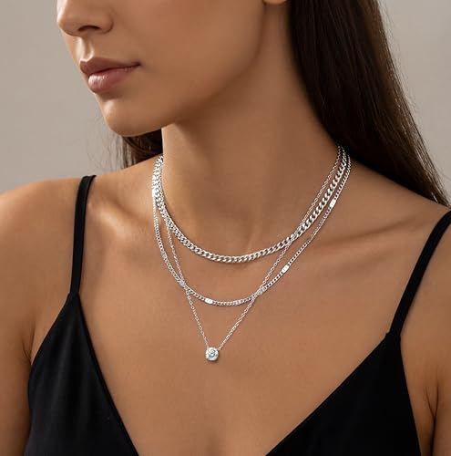 WomenGifts Layered Gold Necklaces for Women, 14K Gold Sterling Silver Plated Dainty Pendant Necklace Set Non Tarnish, Chunky Stackable Cuban Chain Choker, Trendy Birthstone Vacation Jewelry Gift - color: Silver, style: Cubic Zirconia