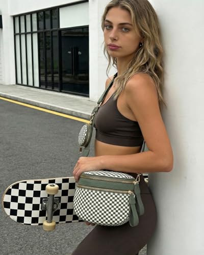 Valentoria Large Woven Leather Crossbody Bags for Women Checkered Bum Bag Sling Bag Purse Adjustable Strap Detachable Wallet | Woven - color: Green&white Checkered