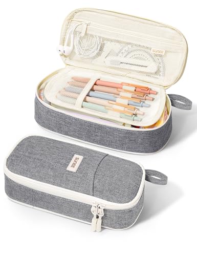 SUNEE Cute Pencil Case, Aesthetic Pen Pouch, Colored Large Pencil Bag with Zipper, Kawaii Stationery Storage and Organizer, School Supplies for Teen and Adult Girls, Gray - color: Grey
