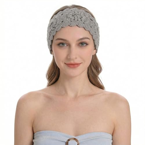 ZLYC Women Headband Handmade Crochet Knit Boho Flower Hair Bands (Crochet Gray) - color: Crochet Gray