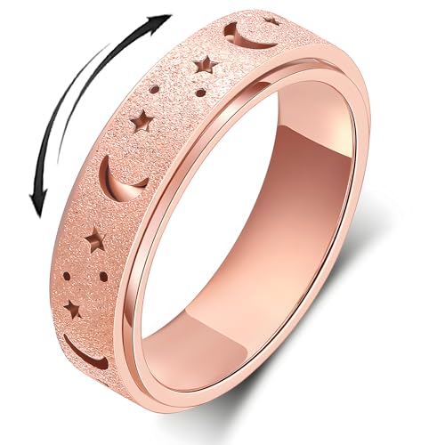 Anxiety Ring for Women Spinner Rings:Rotating Rings Stainless Steel 6mm Moon Star Anxiety for Men Band Jewelry Gift for Women Size 6 7 8 9 10 - color: B-Rose Gold