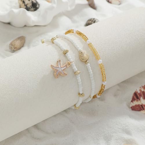 Gold Starfish Anklets for Women Seashell Ankle Bracelet Boho Stack Stretch Beaded Anklet Set Summer Beach Jewelry - style: D Style