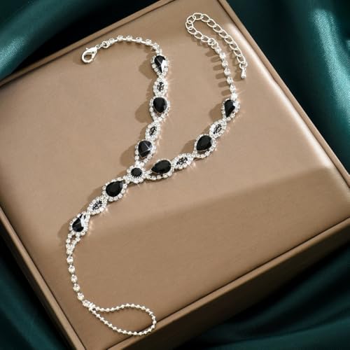 Kokoma Teardrop Barefoot Sandal Anklet for Women Cubic Zirconia Water Drop Foot Chain with Toe Ring Beach Wedding Anklet Foot Chain Jewelry - color: Black