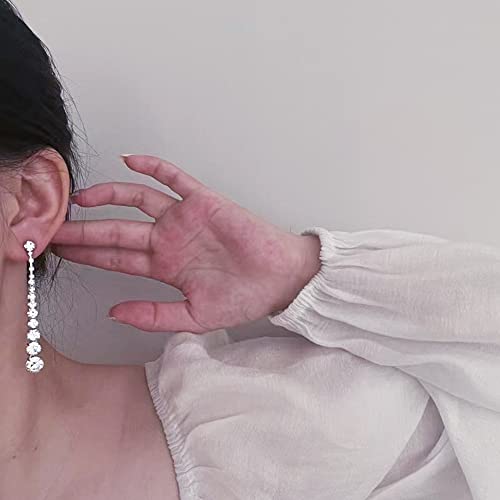 Long CZ Statement Drop Dangle Earrings for Women 925 Sterling Silver Post Pin Fashion Fringe Round Crystal Dangling Stud Elegant Christmas Wedding Birthday Party Jewelry