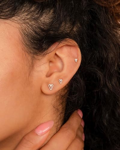 3 Pair Tiny Flat Back Earrings for Women - 14K Gold/White Gold Plated Dainty Cute Small Screw Flatback Stud Earring, Everyday Wear Gift - color: cz triangle silver