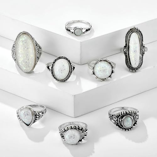 GIGB PBDK Silver Stackable Opal Knuckle Ring Set for Women Lady Boho Vintage Oval Gemstone Ring Geometric Joint Finger Stacking Nail Ring Jewelry