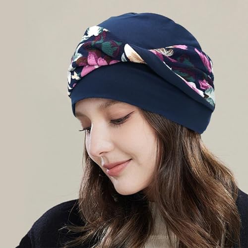 Women Knot Slouchy Beanie Chemo Hat Twist Stretch Cancer Head Wraps Sleep Head Scarf - color: Navy Blue Flowers