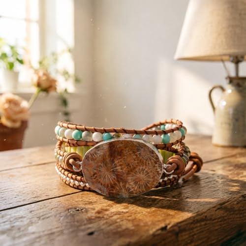 YGLINE Boho Handmade Wrap Leather Tube Crystal Stone Bracelet for Women - color: Agalmatolite