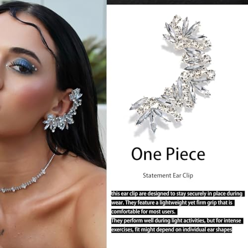 Rhinestone Silver Full Ear Cuff Earrings for Women Ear Clip Wrap Statement Climber Crawler Earrings for Women Hypoallergenic Silver Wedding Jewelry Gifts - color: Leaf Silver