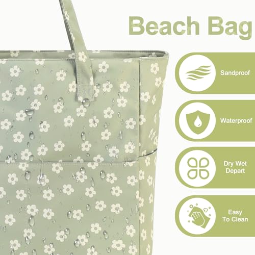 Bluboon Waterproof Beach Tote Pool Bags for Women Ladies Extra Large Carry On Bag With Wet Compartment for Weekender Travel - color: Beige Flower Green