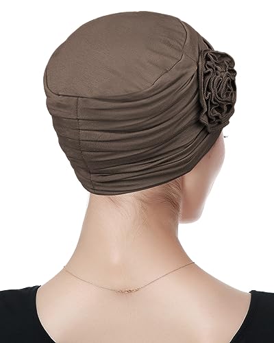 Alnorm Flower Design Chemo Hair Loss Caps Cancer Headwear for Women - color: Brown
