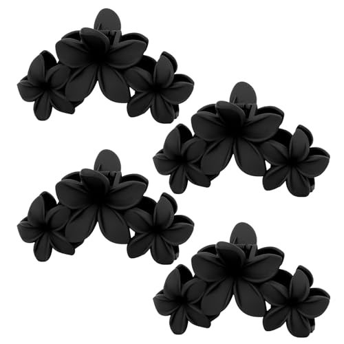 4PCS Matte Flower Hair Clips - Non-Slip Large Plumeria Clips for Thick Hair, Strong Hold for Women and Girls (Black) - color: black